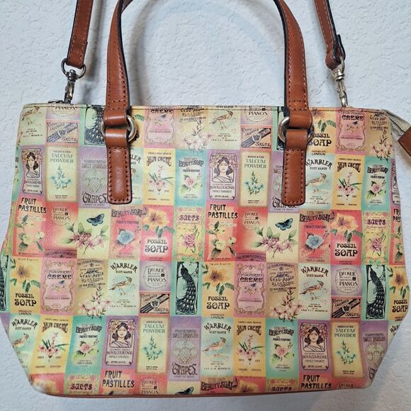 Fossil Crossbody Purse Tote Vintage Soap Labels Detachable Strap Pink Brown Rare - Picture 3 of 12